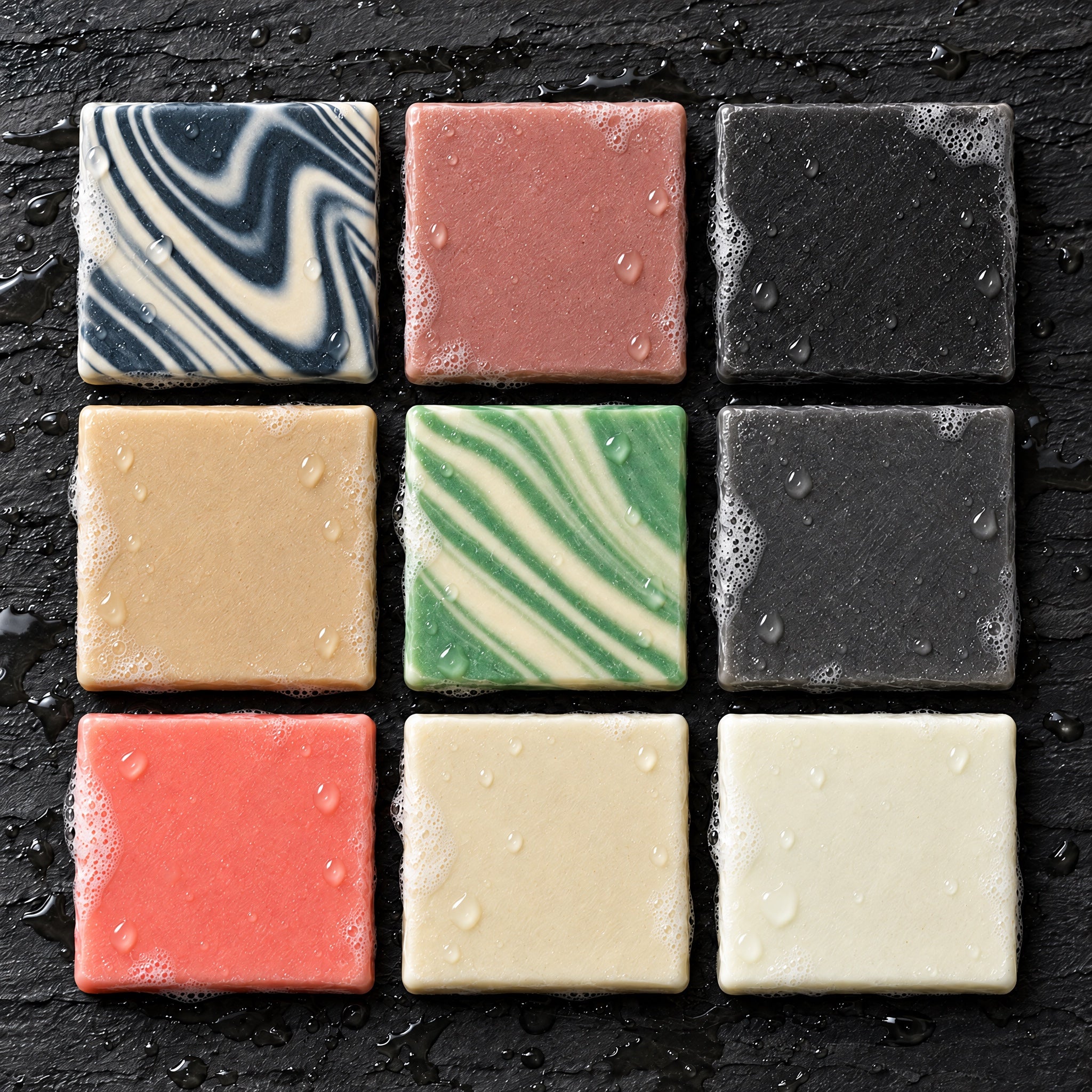 Overhead view of the nine Natty Right soap bars on wet slate