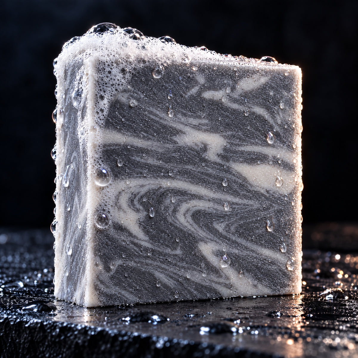 Close up of the Oakmont Air soap bar with fresh lather on wet slate