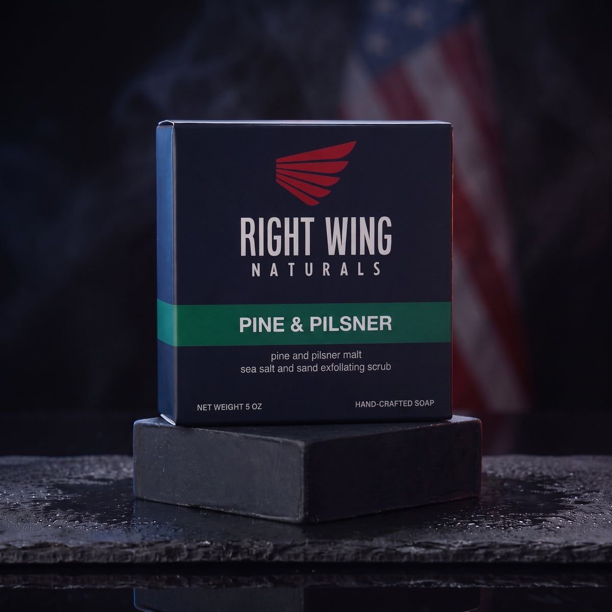 Pine and Pilsner cold-pressed bar soap in its Right Wing Naturals box
