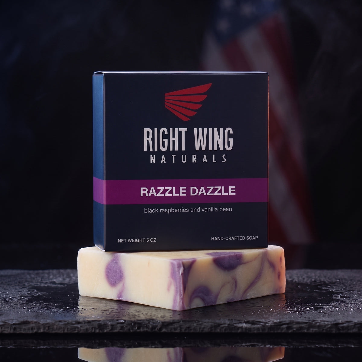 Razzle Dazzle cold-pressed bar soap in its Right Wing Naturals box