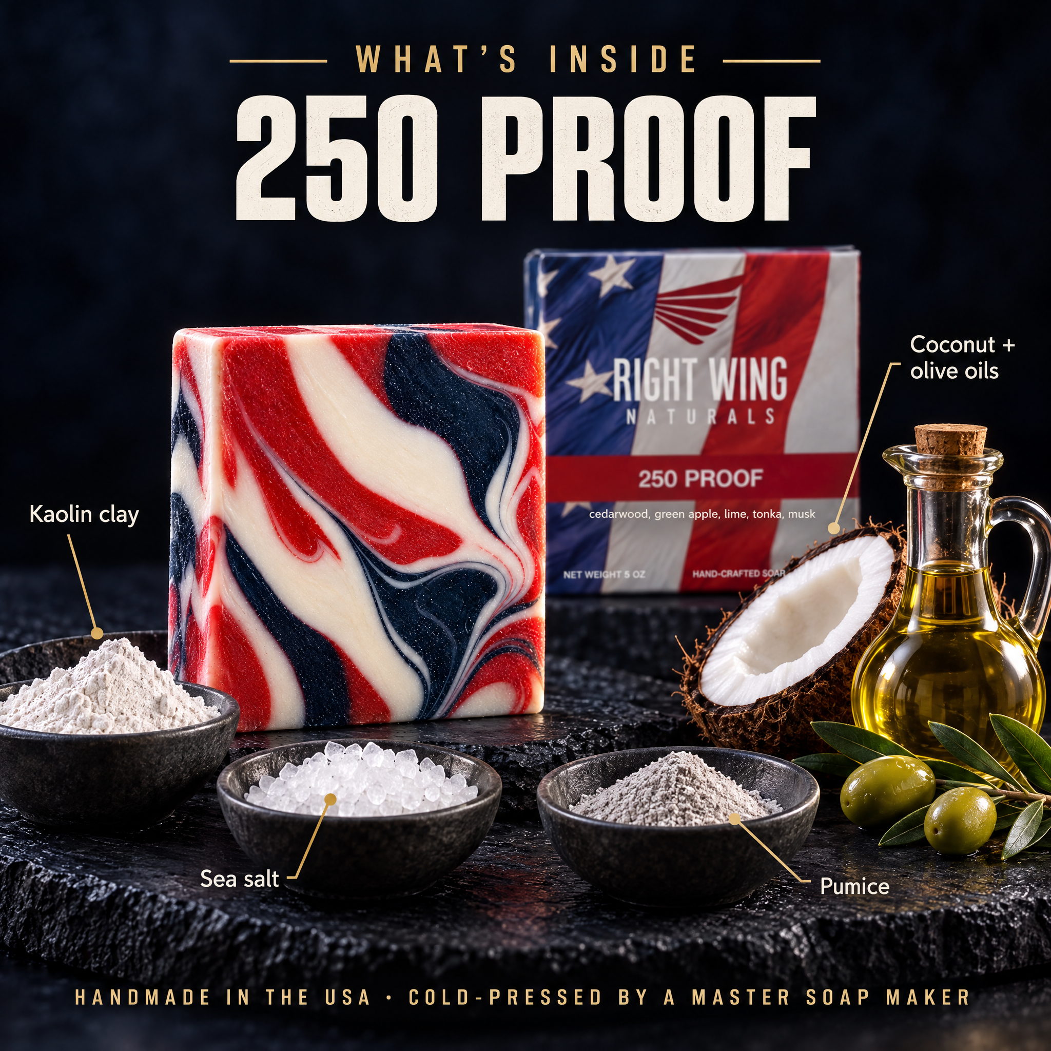 What's inside 250 Proof: kaolin clay, sea salt, pumice