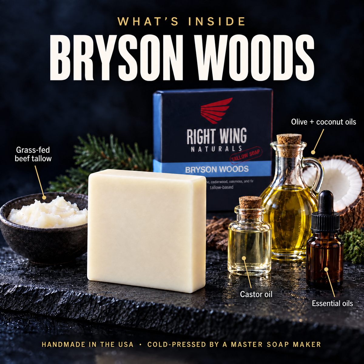 What's inside Bryson Woods: grass-fed beef tallow, olive oil, coconut oil