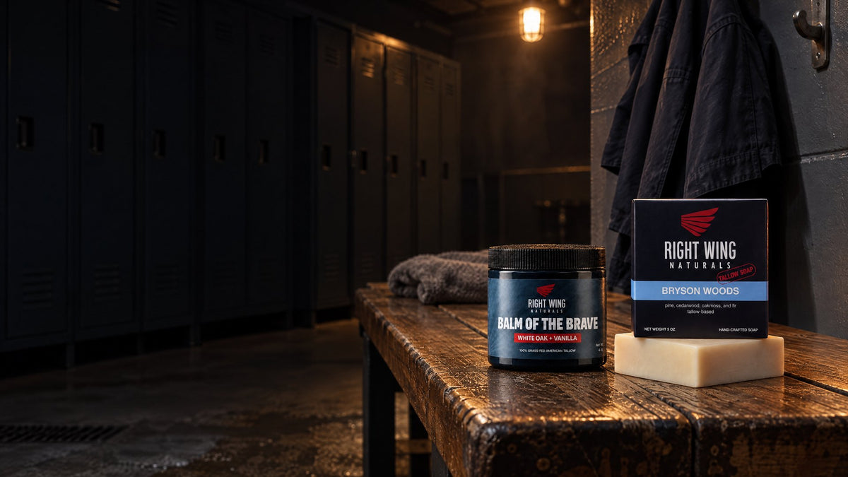 Balm of the Brave and a Bryson Woods bar on a wooden bench in a dim locker room