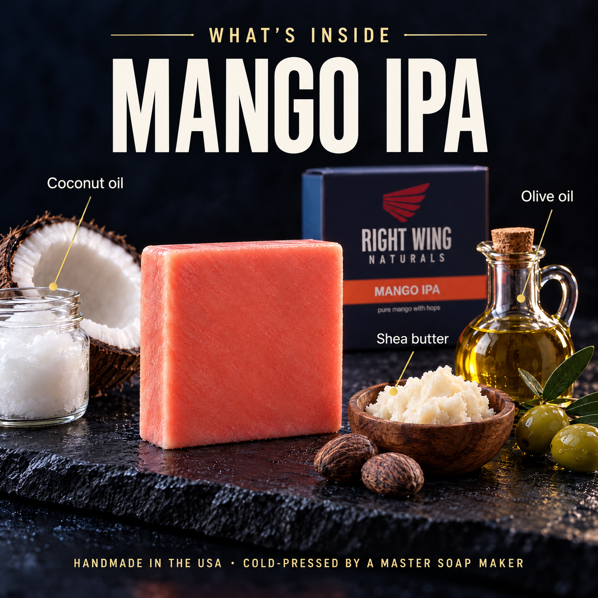 What's inside Mango IPA: coconut, shea and olive oils