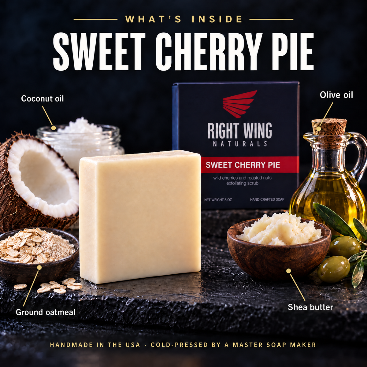 What's inside Sweet Cherry Pie: ground oatmeal, coconut, shea and olive oils