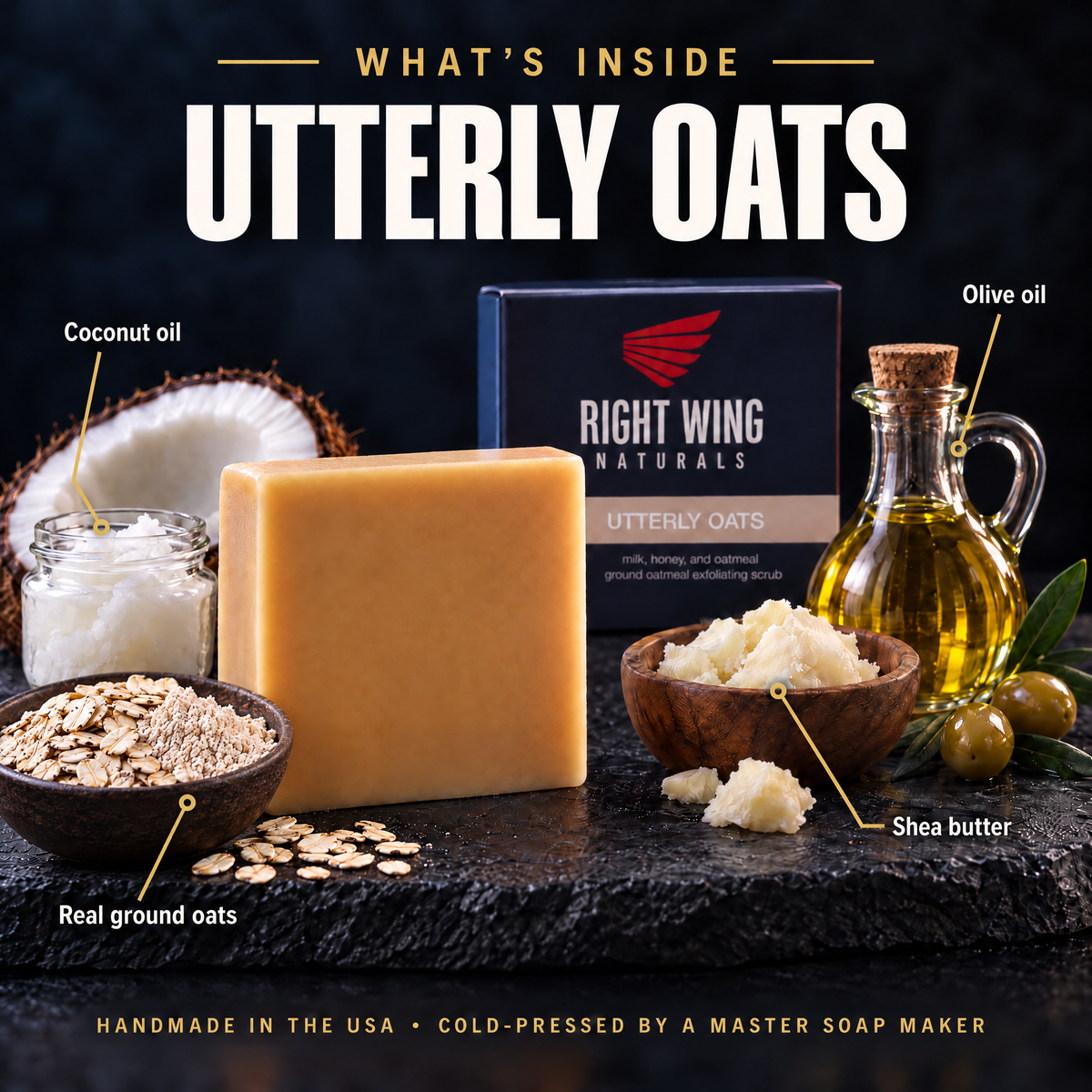 What's inside Utterly Oats: ground oats, coconut, shea and olive oils