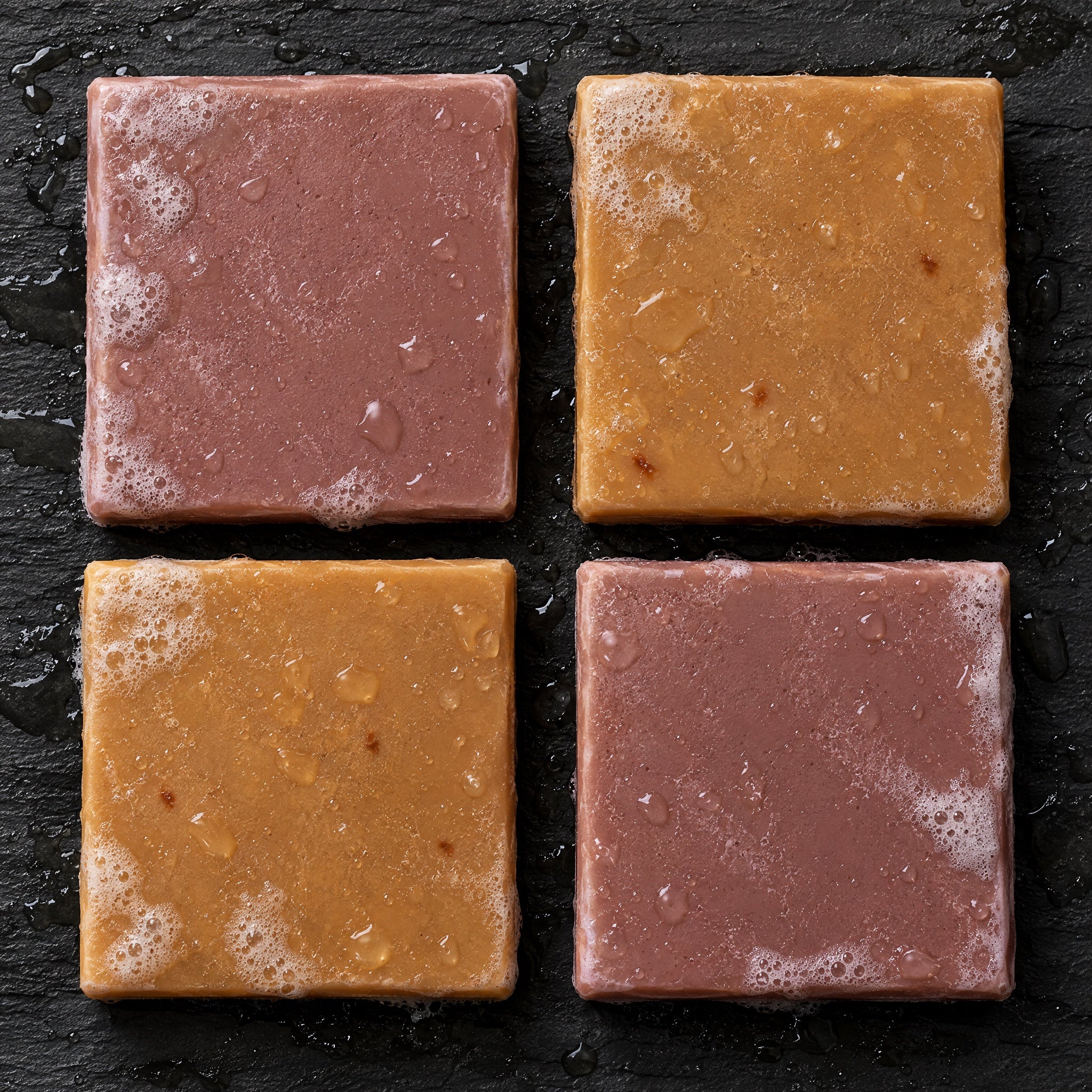 Overhead view of The Classic Man soap bars on wet slate
