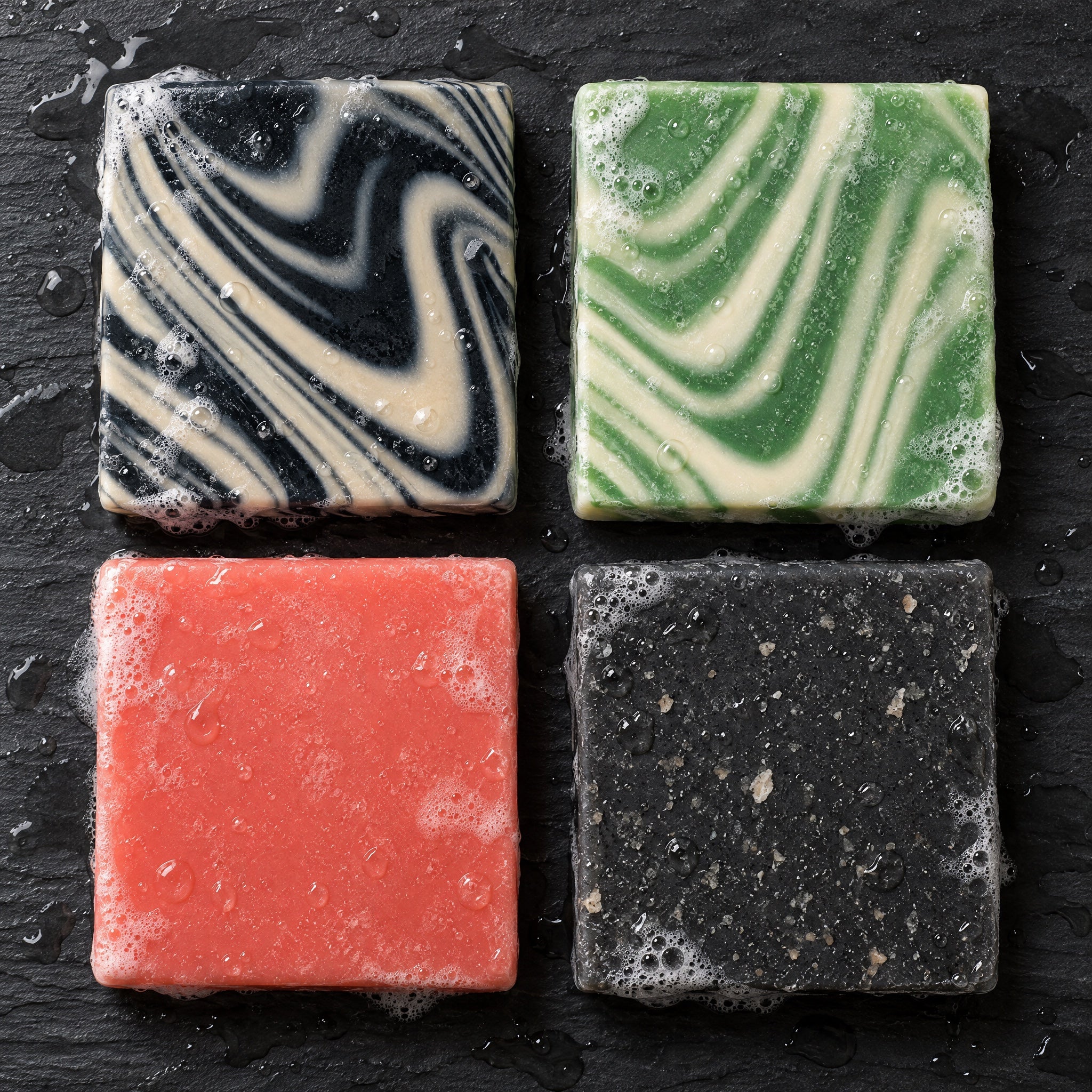 Overhead view of The Macho Man soap bars on wet slate