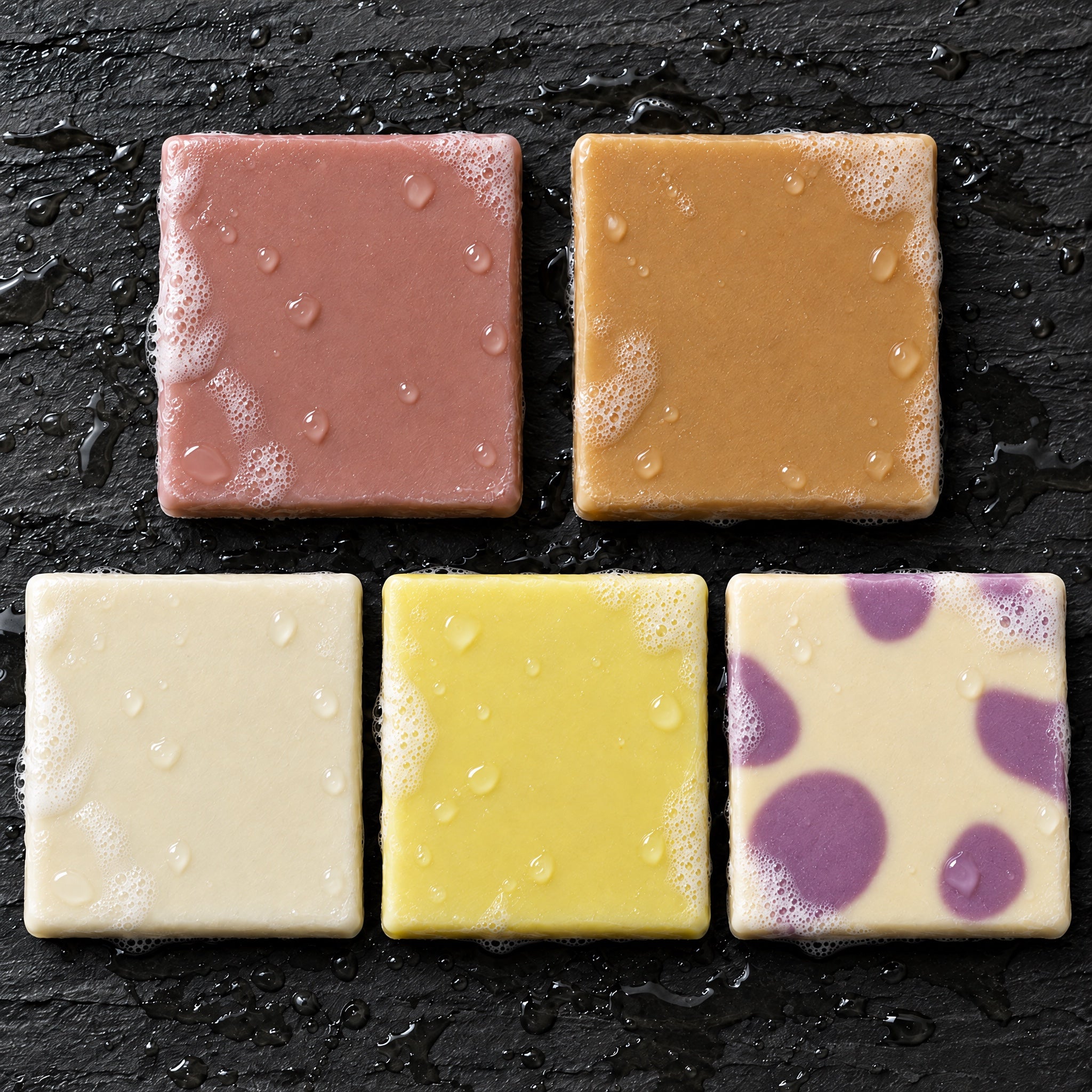 Overhead view of the five His-N-Hers soap bars on wet slate