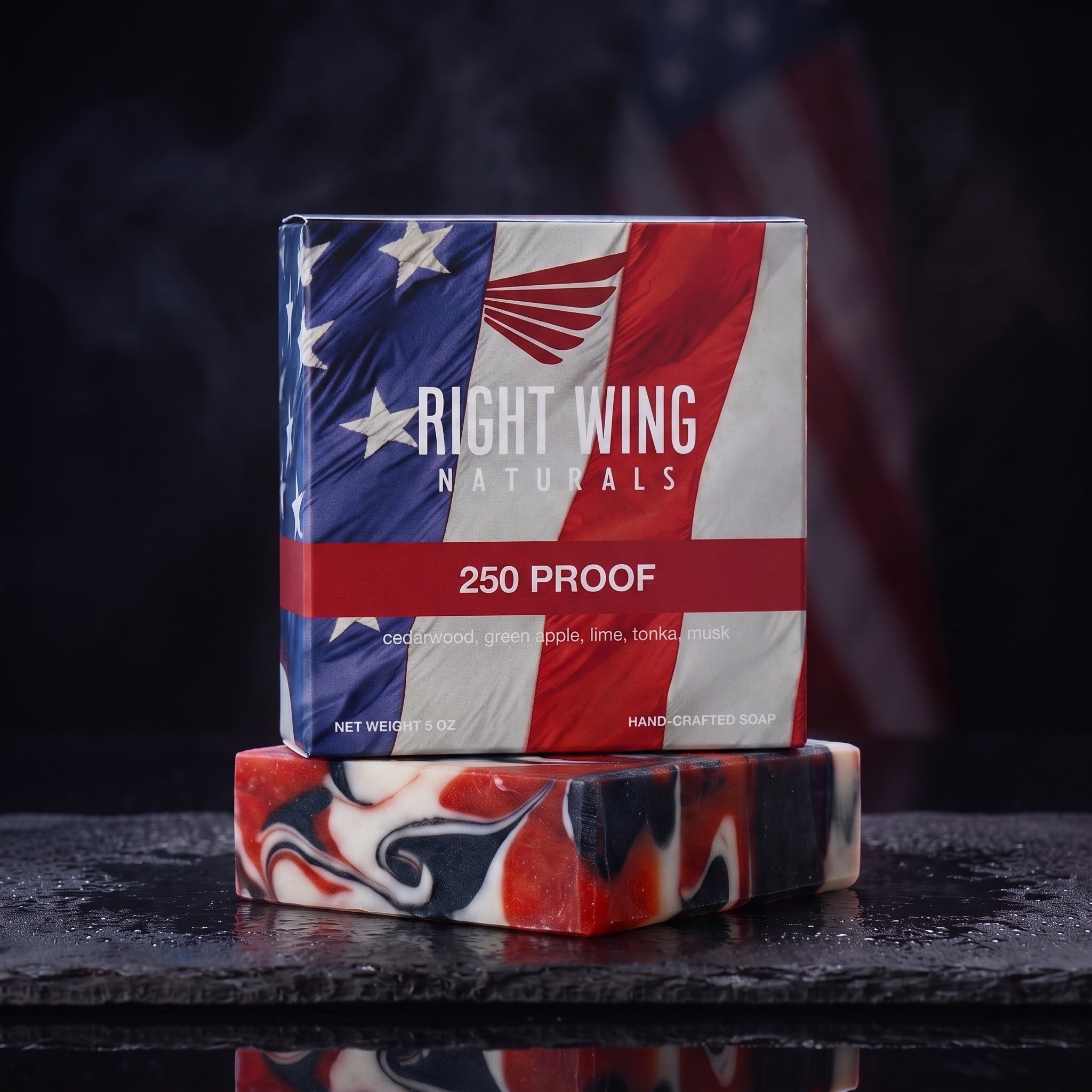 250 Proof cold-pressed bar soap in its Right Wing Naturals box
