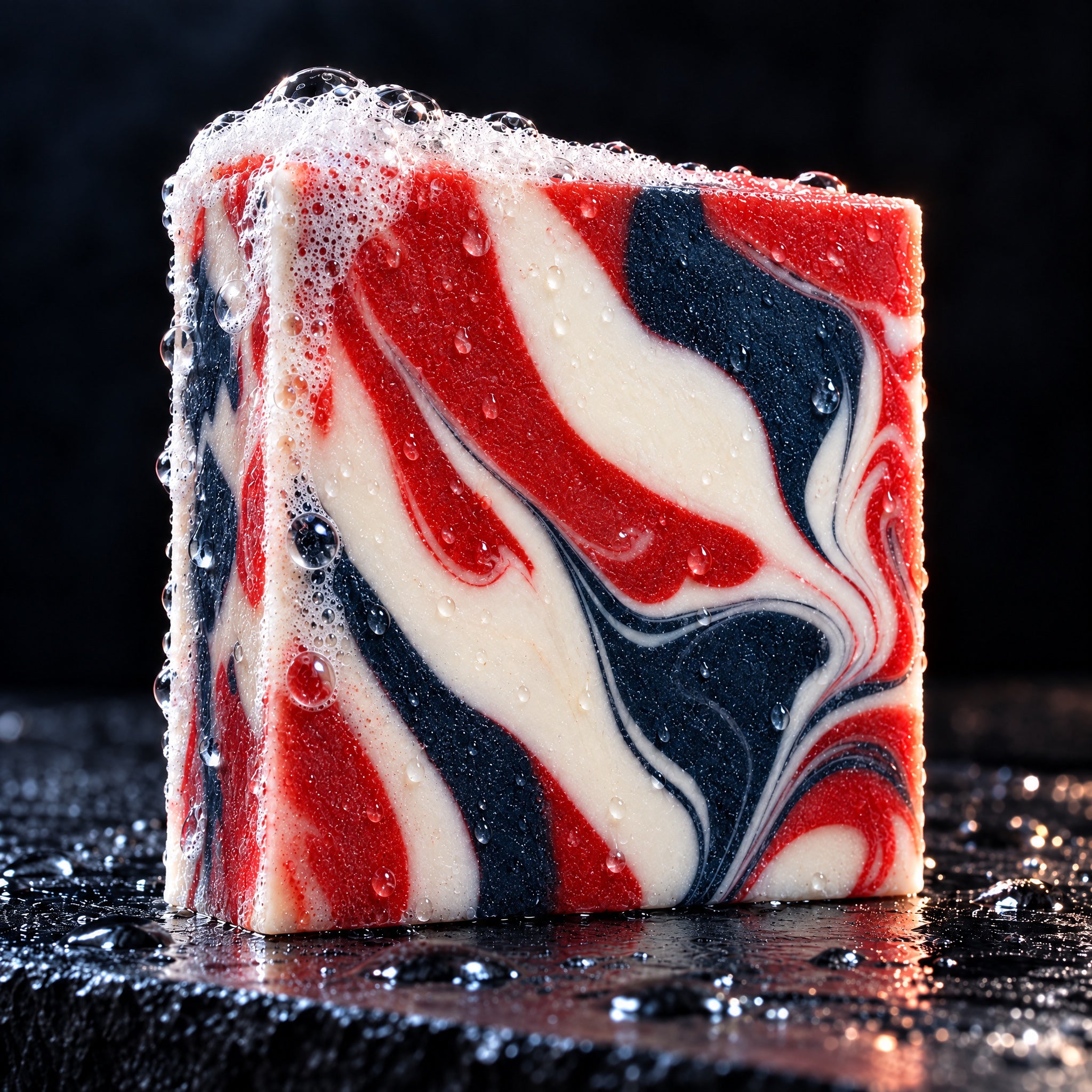 Close up of the 250 Proof soap bar with fresh lather on wet slate