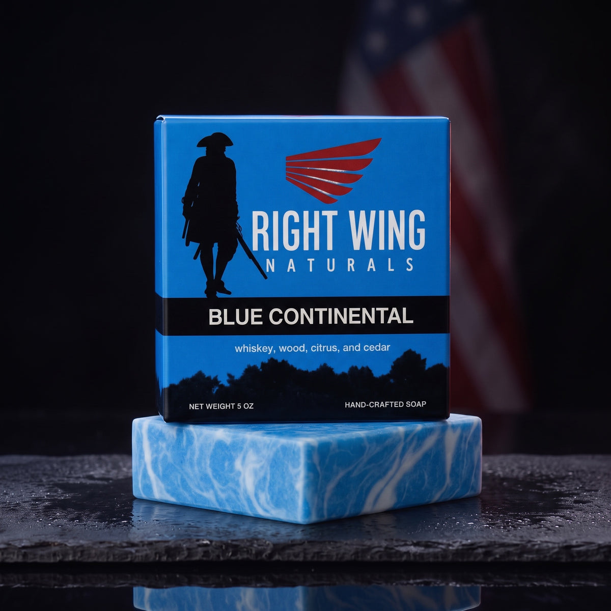 Blue Continental cold-pressed bar soap in its Right Wing Naturals box