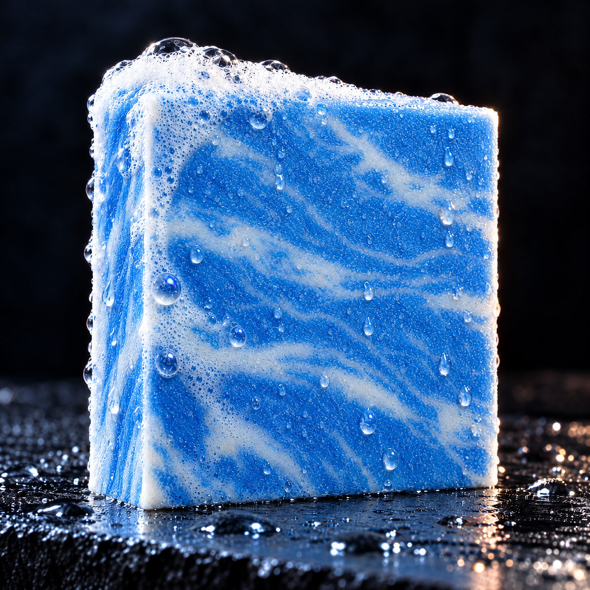 Close up of the Blue Continental soap bar with fresh lather on wet slate