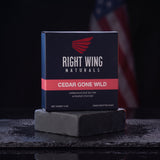Cedar Gone Wild cold-pressed bar soap in its Right Wing Naturals box