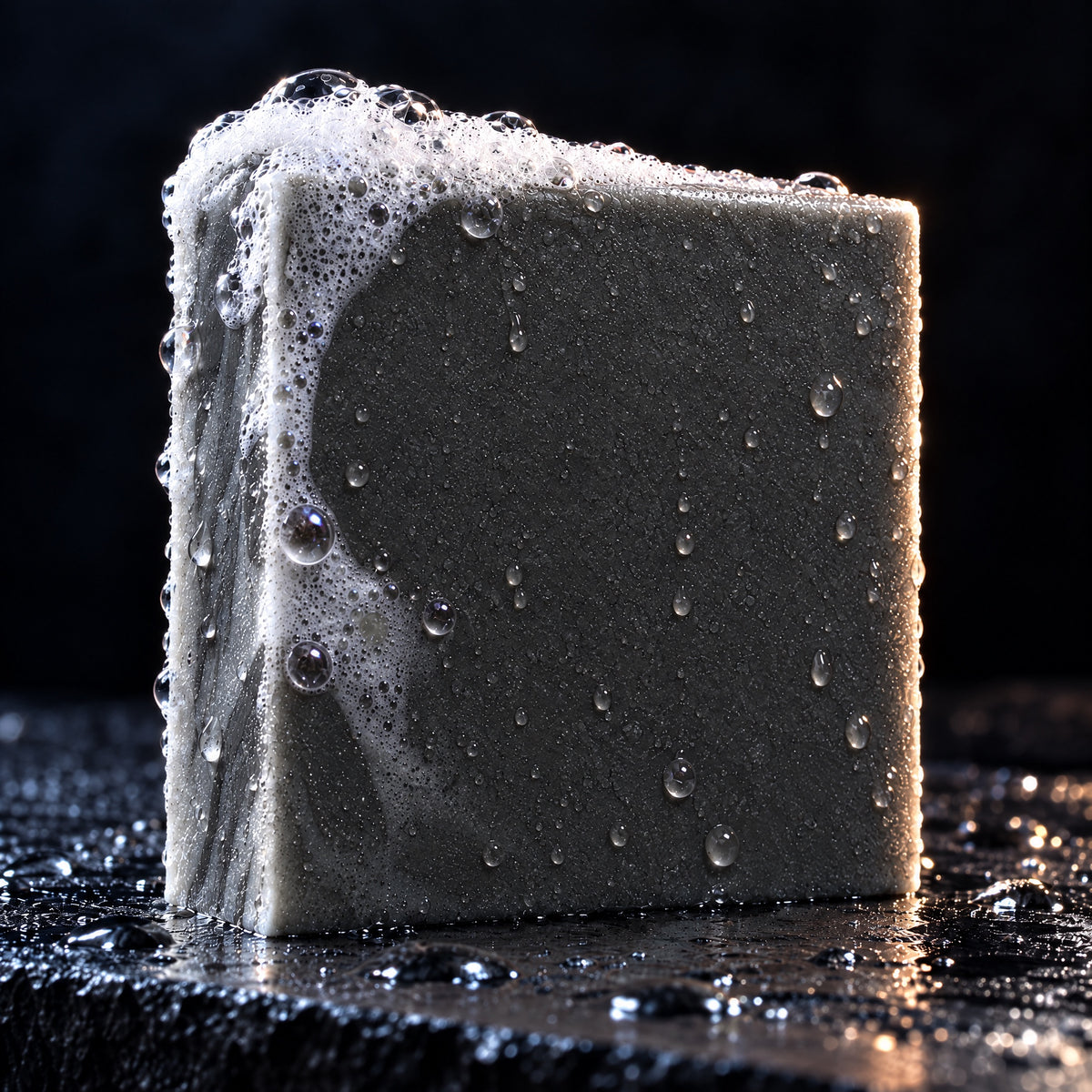 Close up of the Cedar Gone Wild soap bar with fresh lather on wet slate