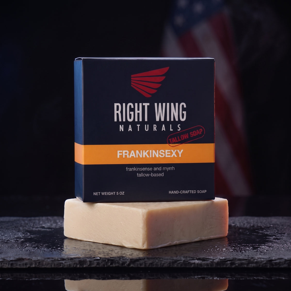 Frankinsexy cold-pressed bar soap in its Right Wing Naturals box