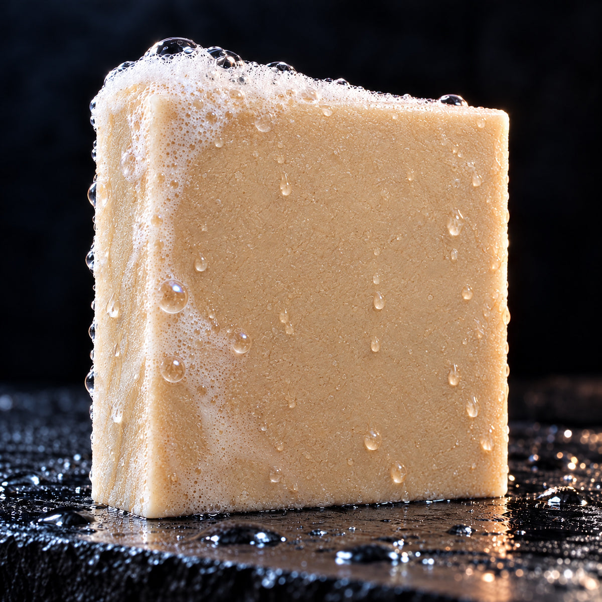 Close up of the Frankinsexy soap bar with fresh lather on wet slate