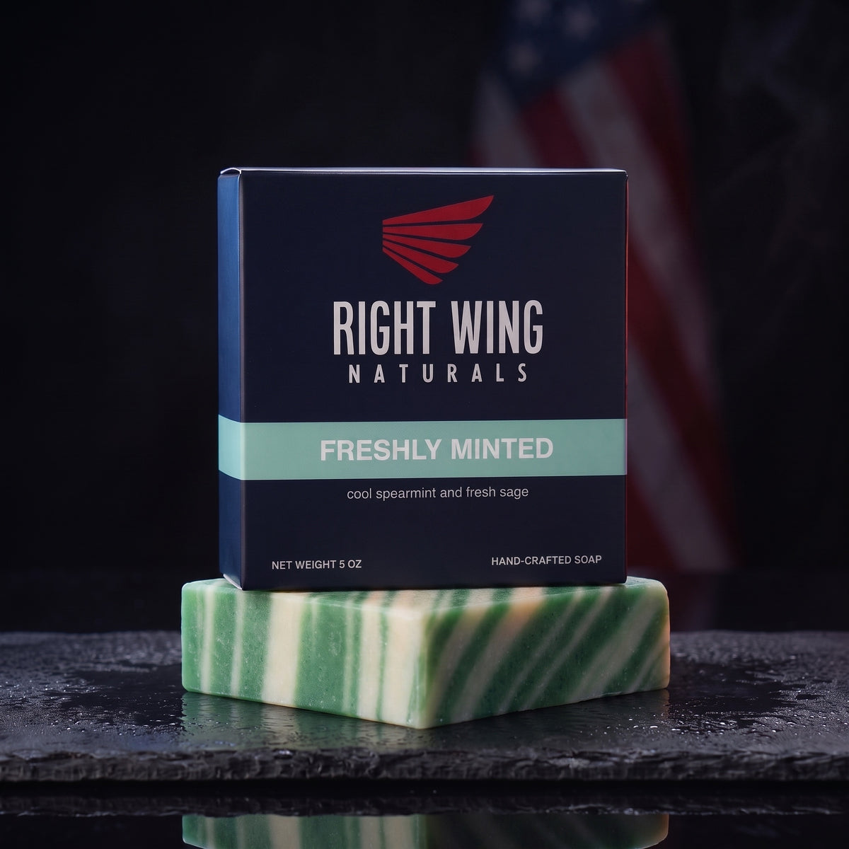 Freshly Minted cold-pressed bar soap in its Right Wing Naturals box