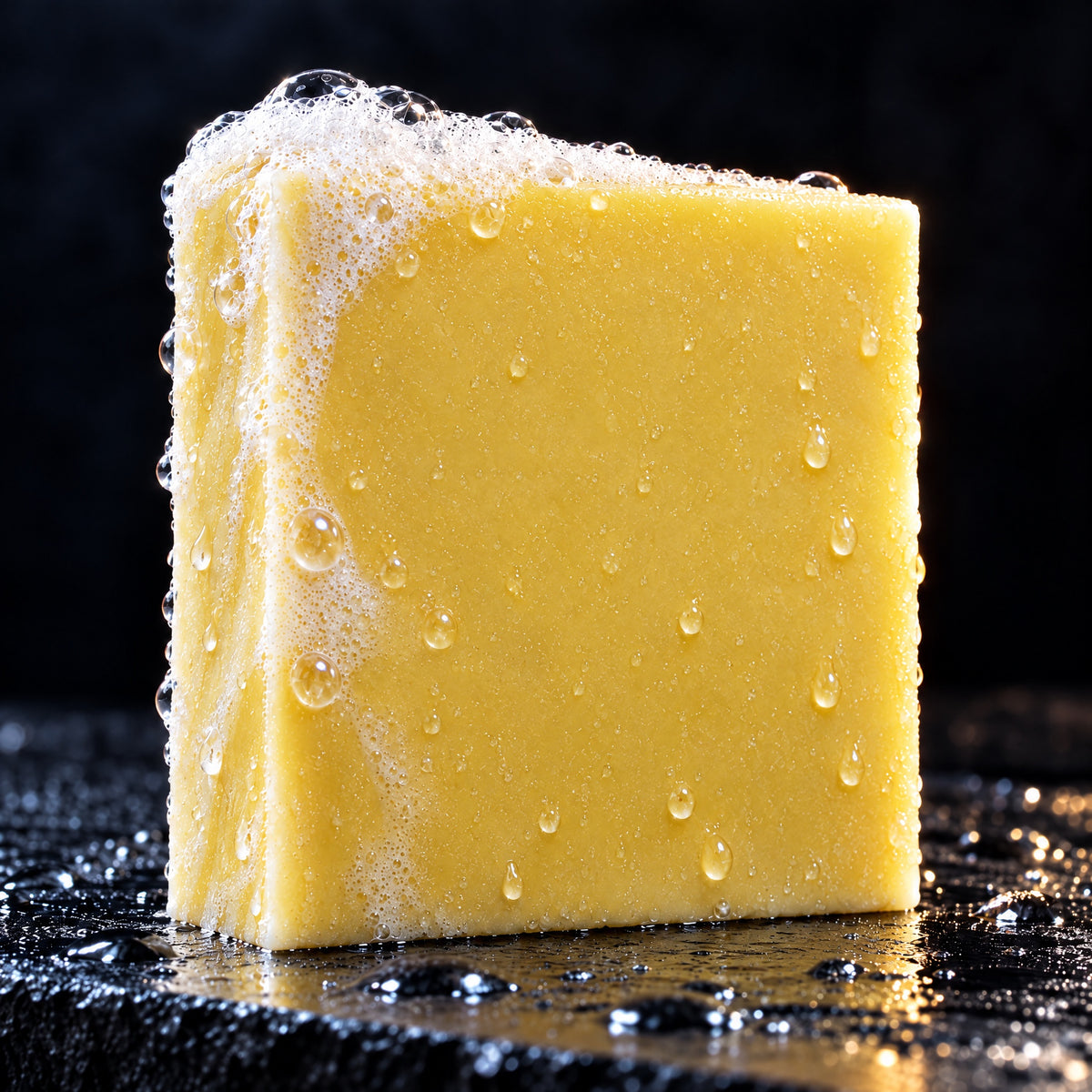 Close up of the Merican Meringue soap bar with fresh lather on wet slate