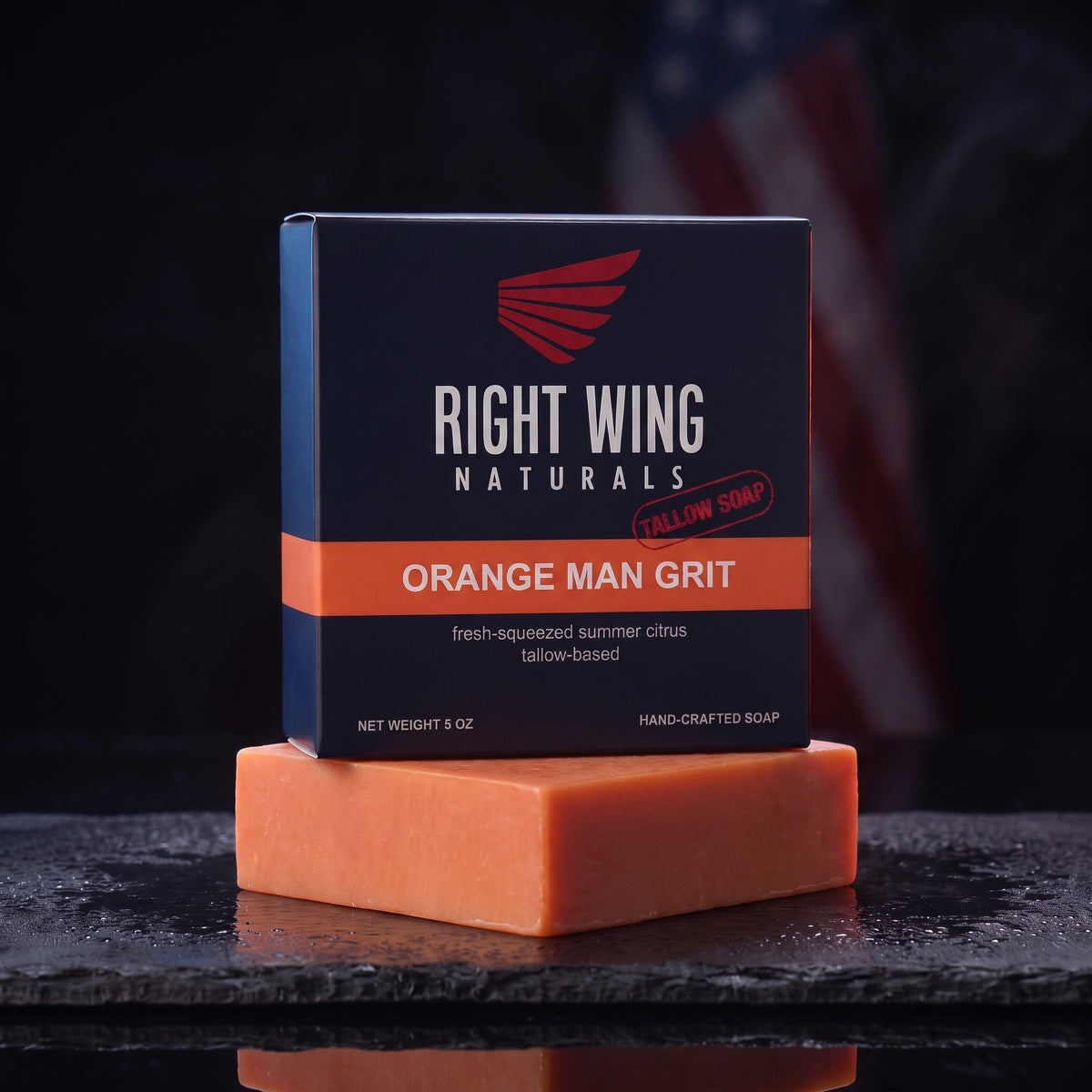 Orange Man Grit tallow bar soap in its Right Wing Naturals box