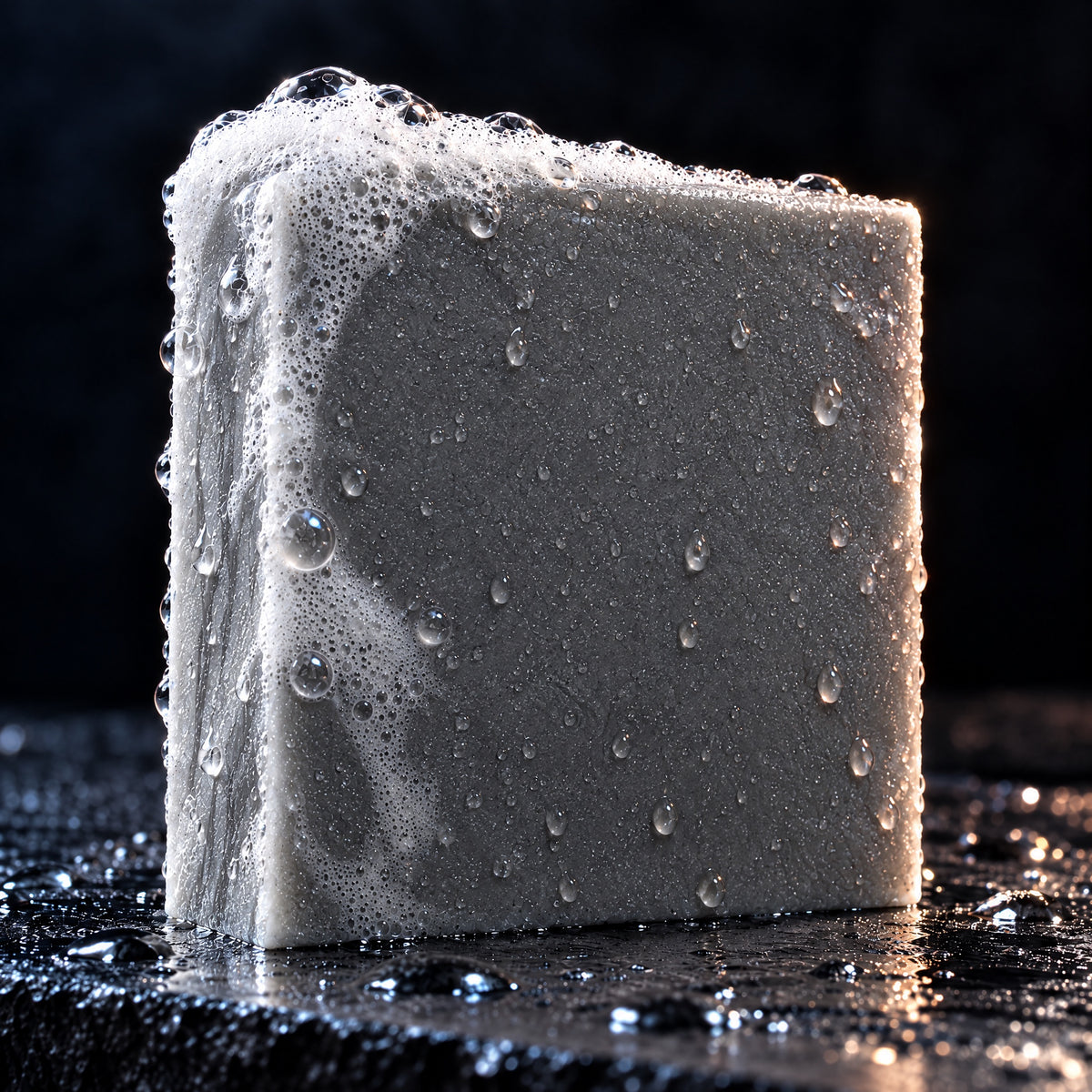 Close up of the Peppermint Trail soap bar with fresh lather on wet slate