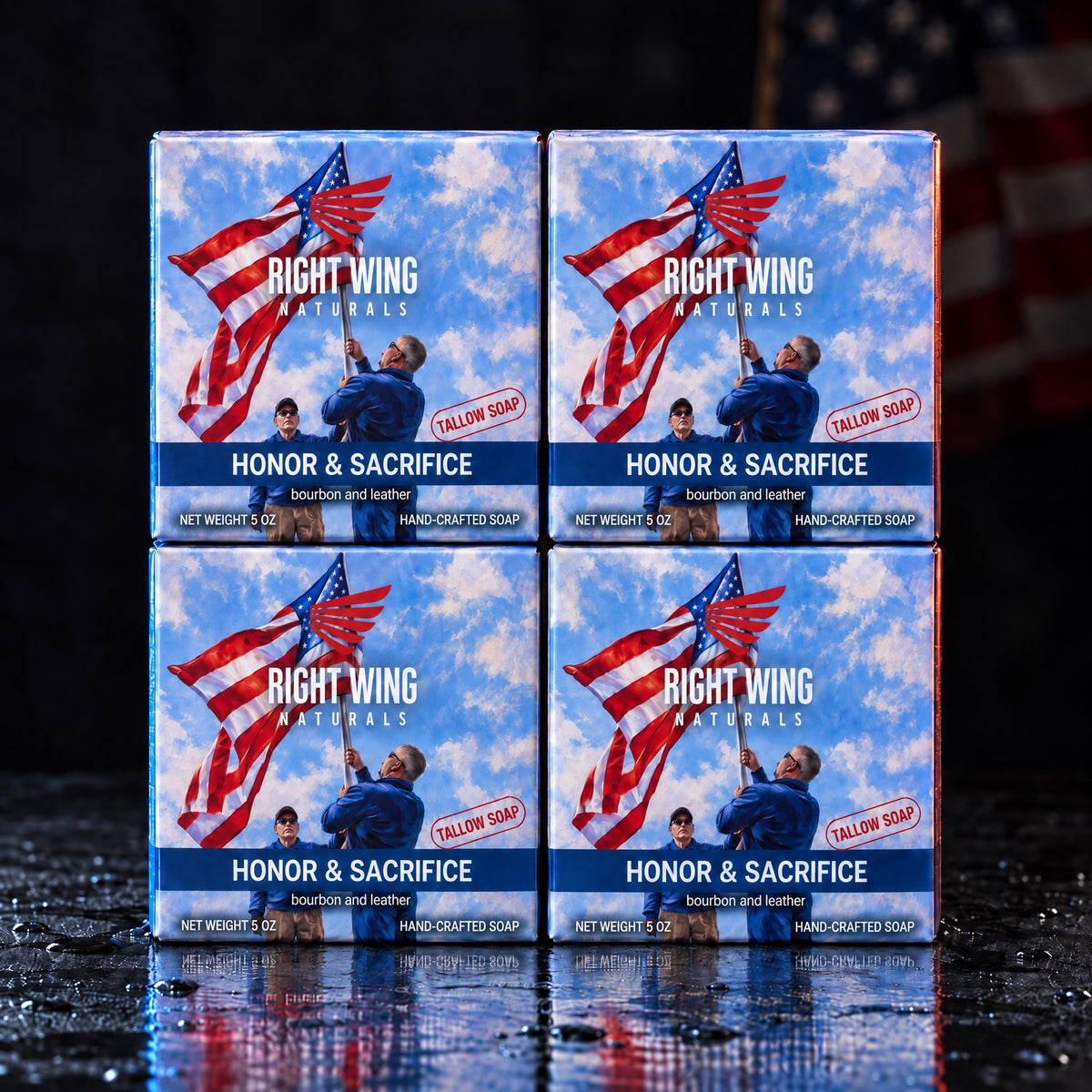 Four boxes of Honor and Sacrifice tallow soap in a two by two grid on wet slate
