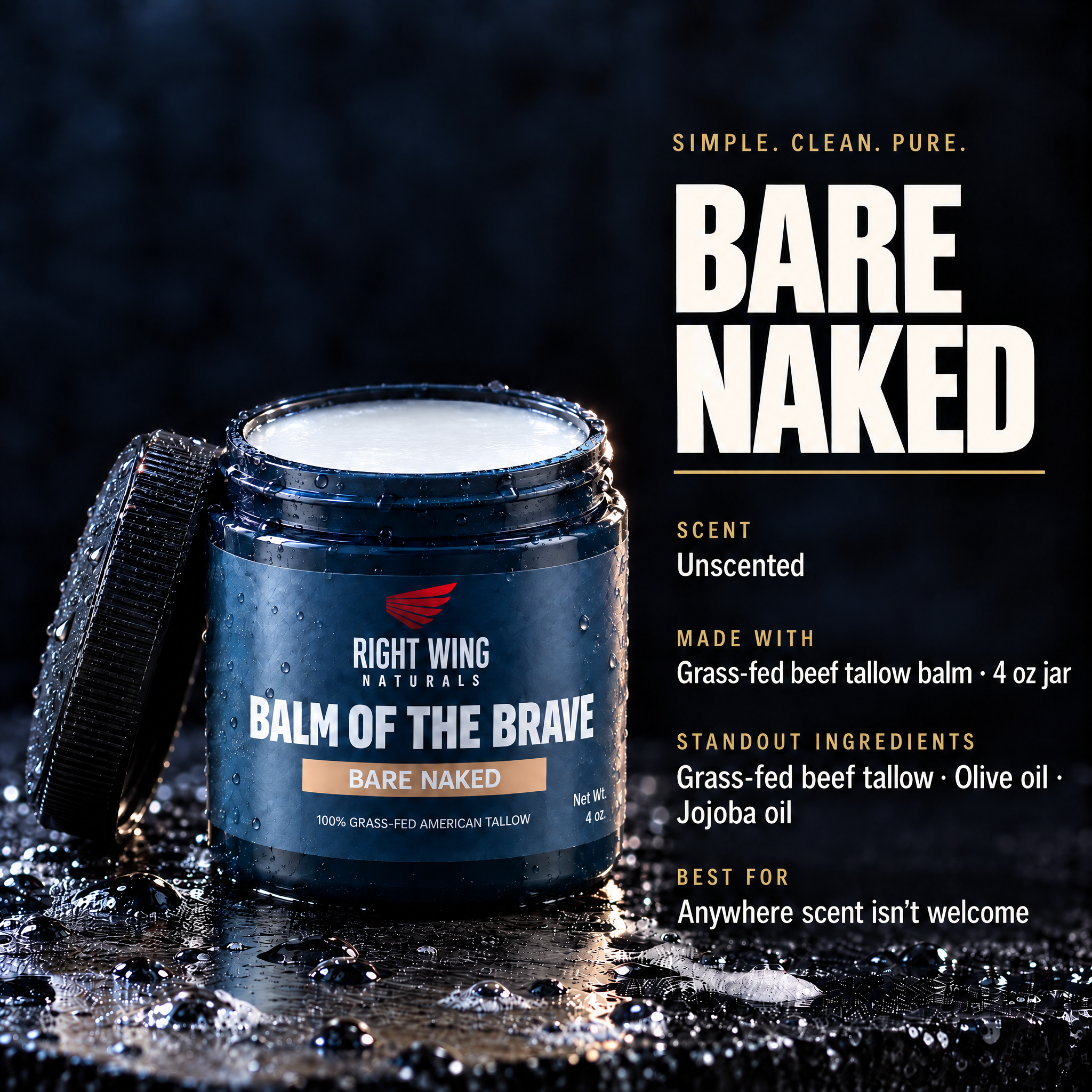 Balm of the Brave Bare Naked scent card: unscented grass-fed beef tallow balm, 4 oz jar