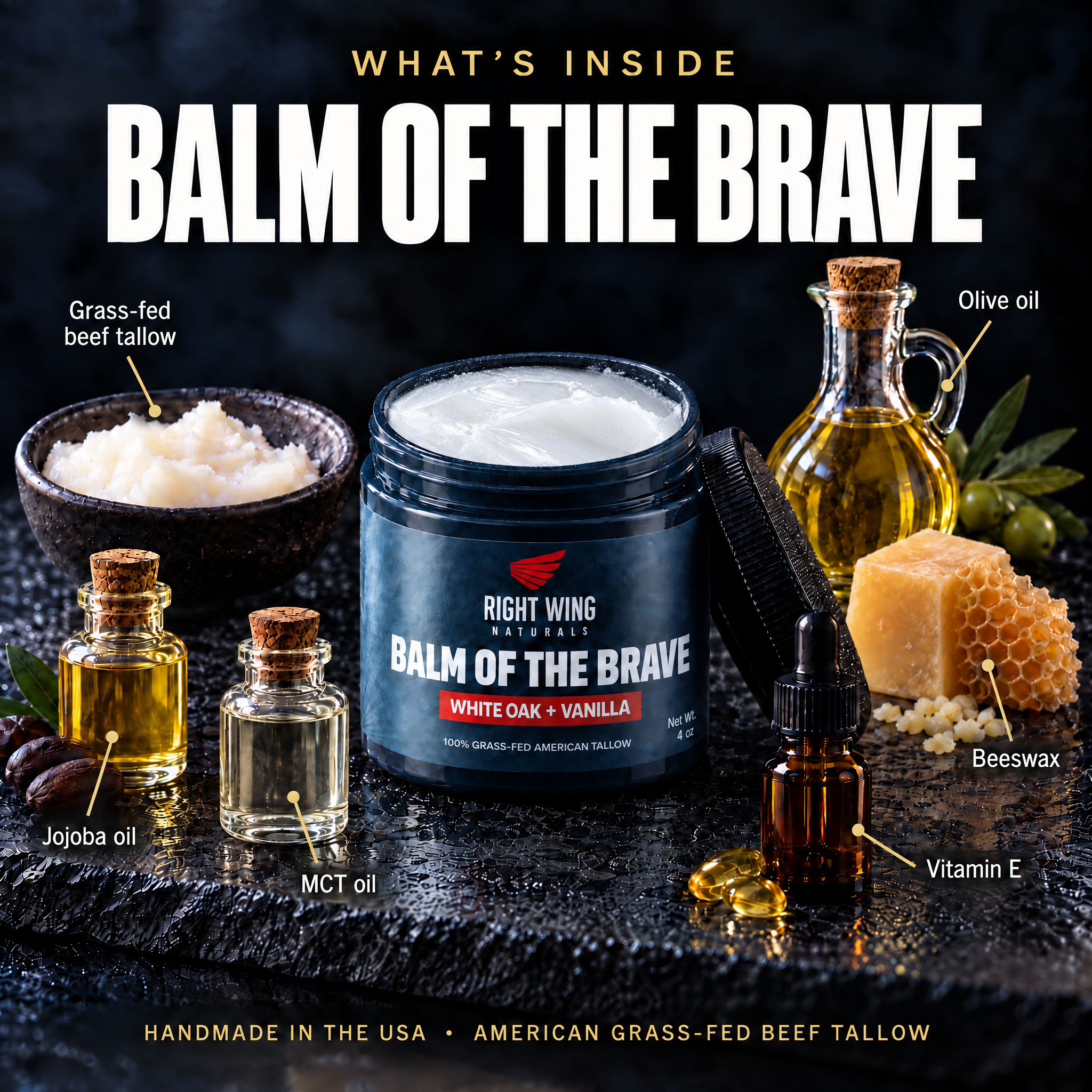 What's inside Balm of the Brave: grass-fed beef tallow, olive oil, beeswax, jojoba oil, MCT oil, vitamin E