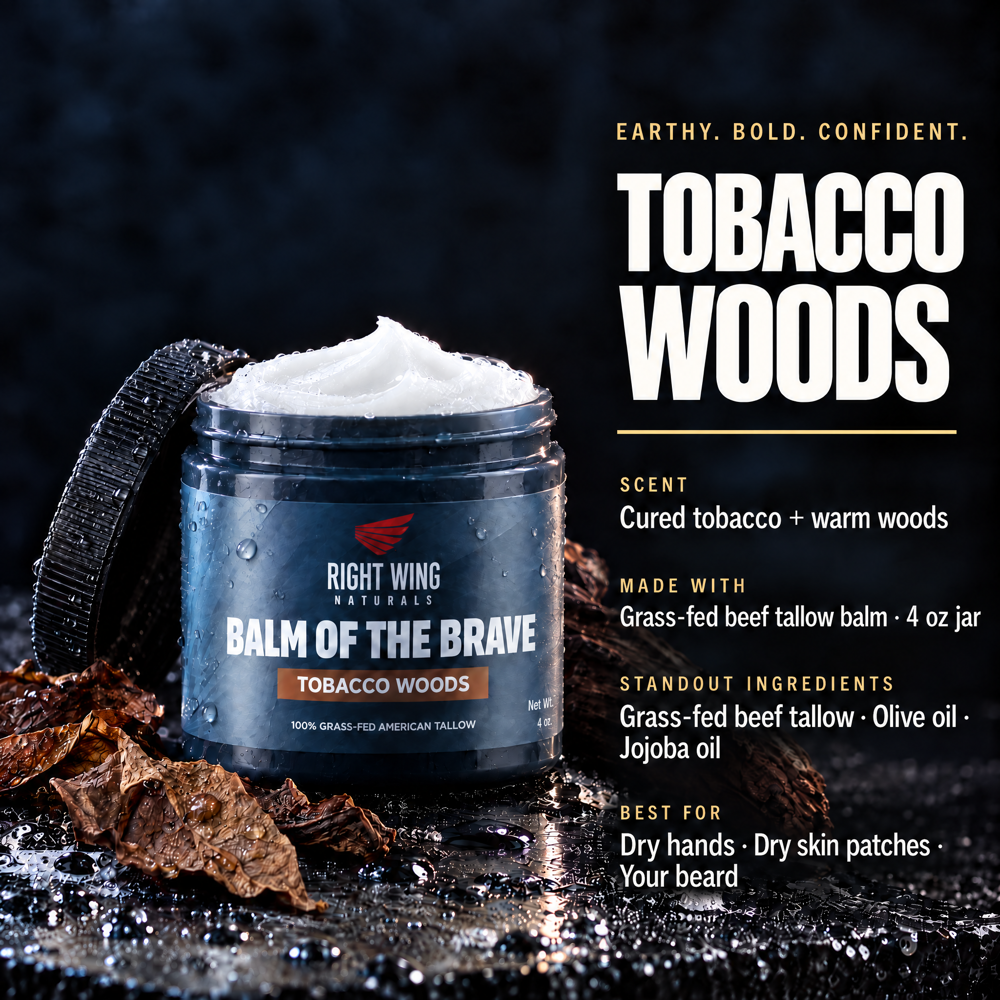 Balm of the Brave Tobacco Woods scent card: cured tobacco and warm woods; best for dry hands, dry skin patches and your beard