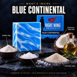 What's inside Blue Continental: kaolin clay, sea salt, cosmetic sand, coconut, olive and castor oils