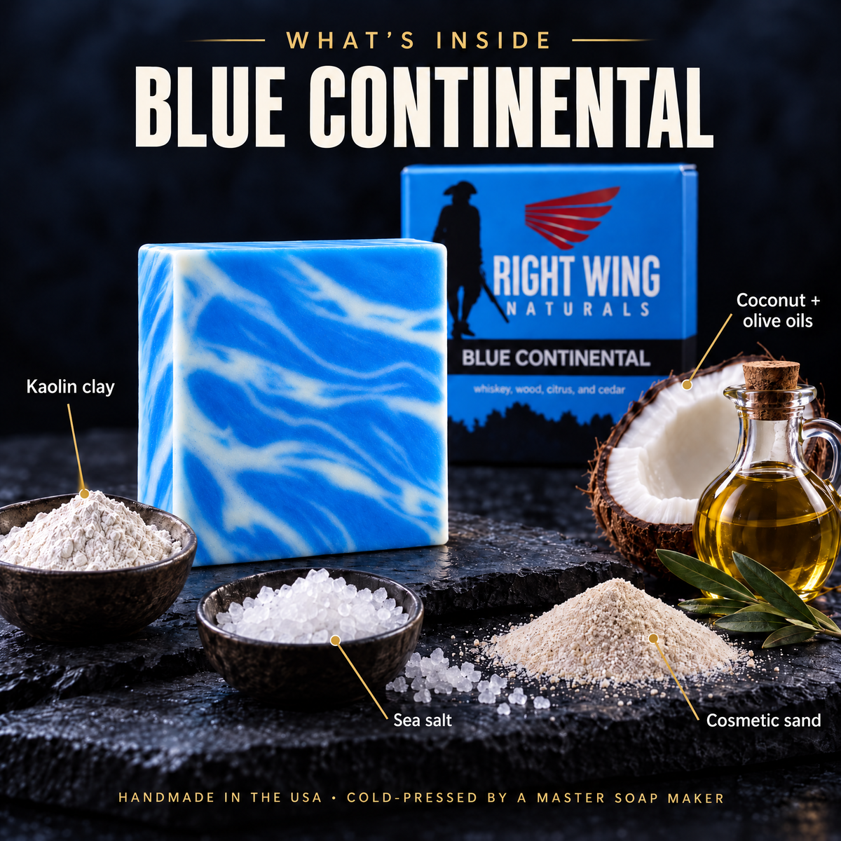 What's inside Blue Continental: kaolin clay, sea salt, cosmetic sand, coconut, olive and castor oils