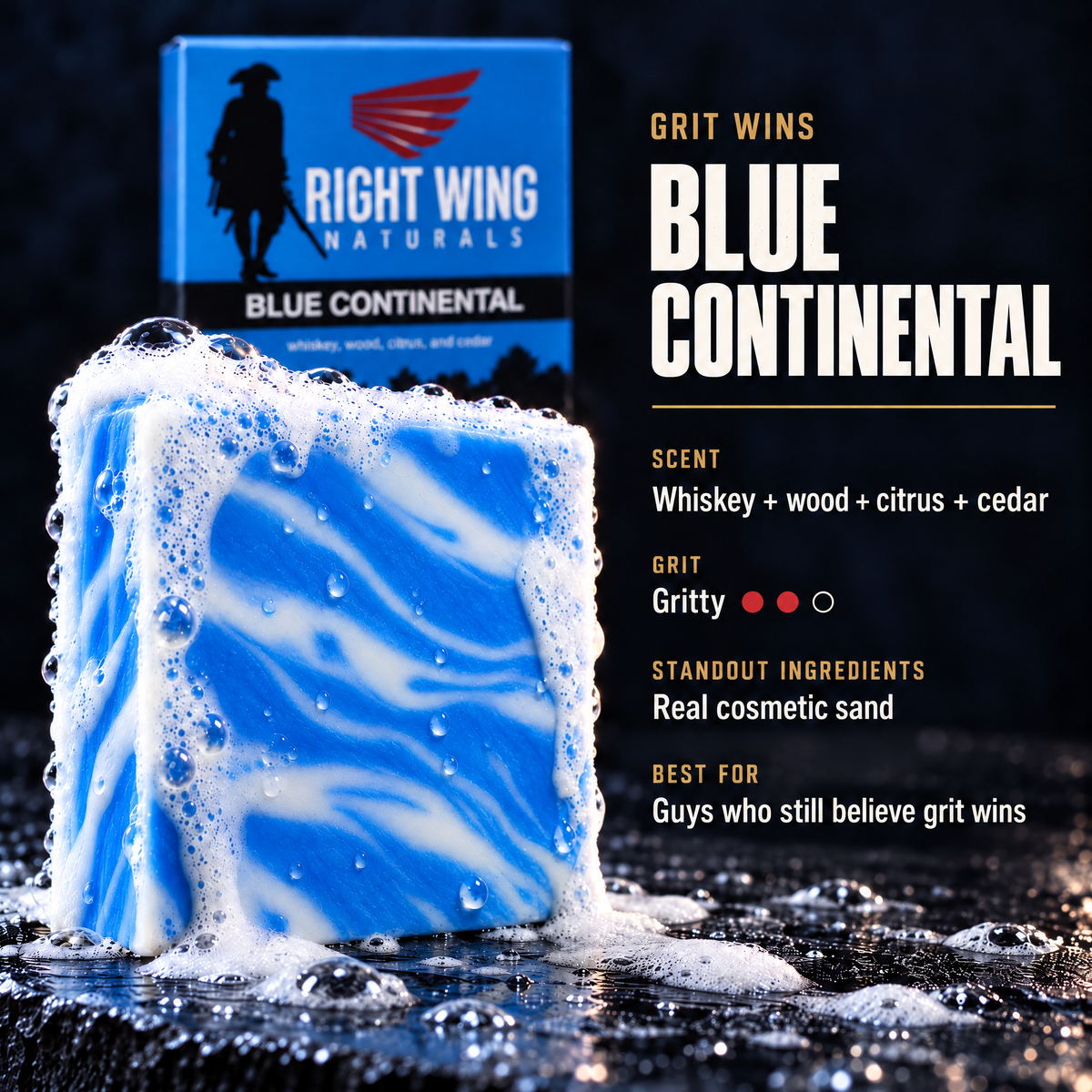 Blue Continental scent card: scent notes and grit level