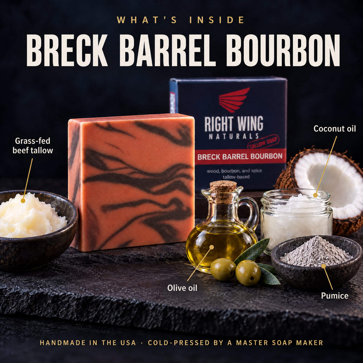 What's inside Breck Barrel Bourbon: grass-fed beef tallow, olive oil, coconut oil