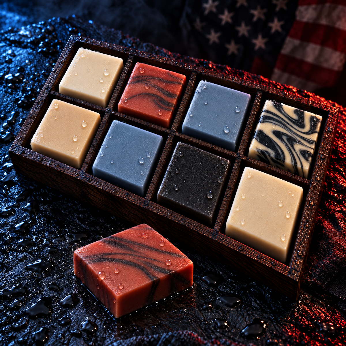 Build Your Own Box: Right Wing Naturals soap bars in a dark wooden sampler tray, with one more bar ready to add