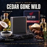 What's inside Cedar Gone Wild: olive, coconut, shea and castor oils, activated charcoal