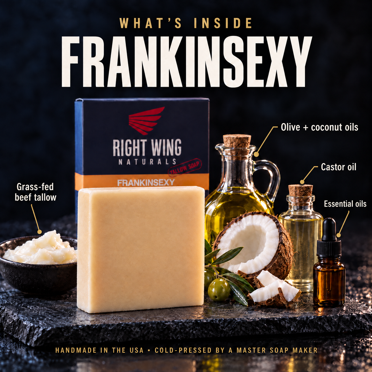 What's inside Frankinsexy: grass-fed beef tallow, olive oil, coconut oil