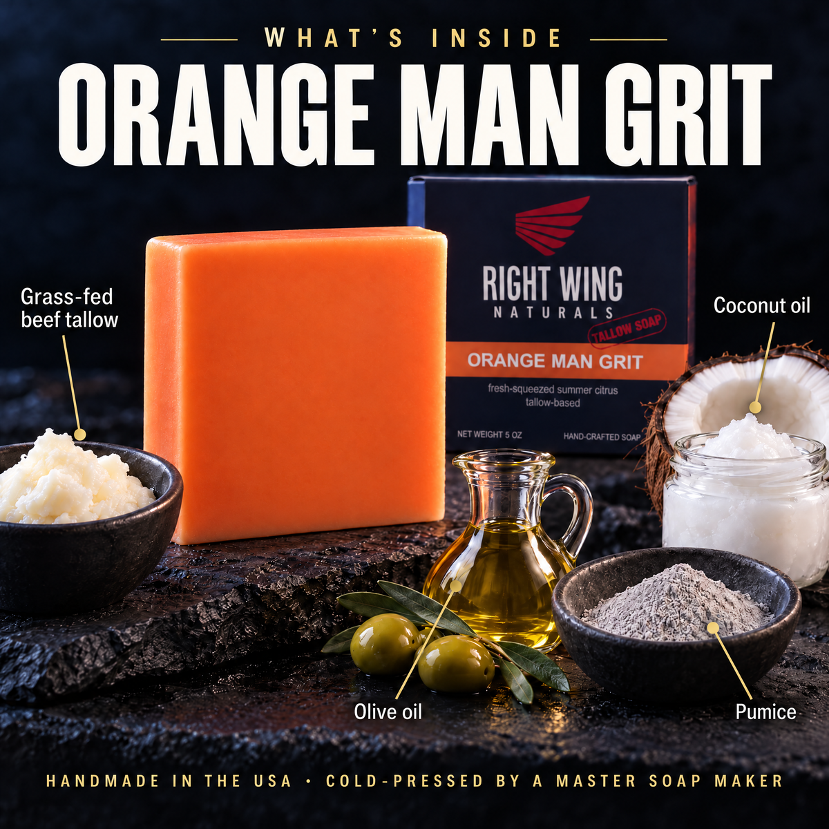 What's inside Orange Man Grit: grass-fed beef tallow, olive oil, coconut oil