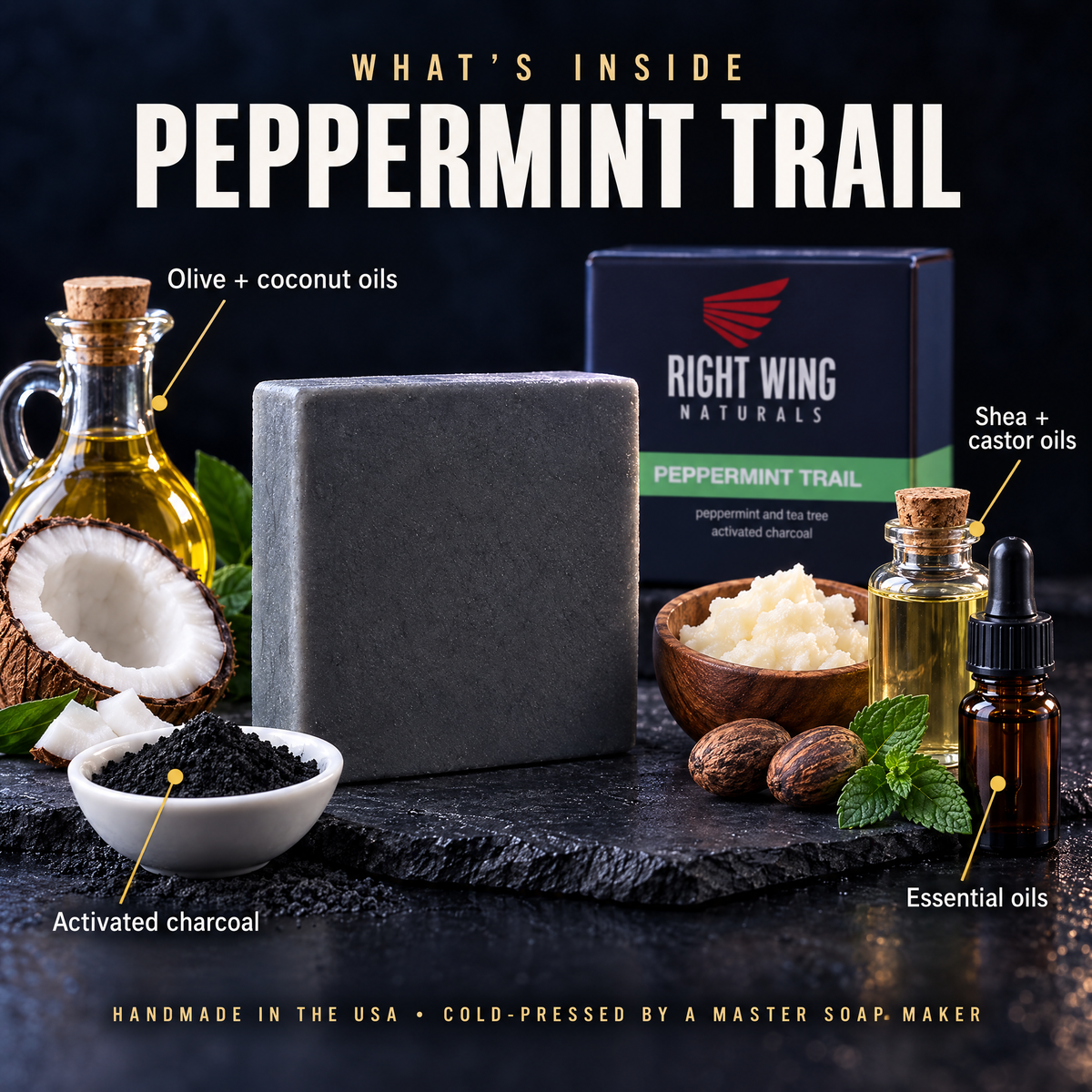 What's inside Peppermint Trail: olive, coconut, shea and castor oils, activated charcoal