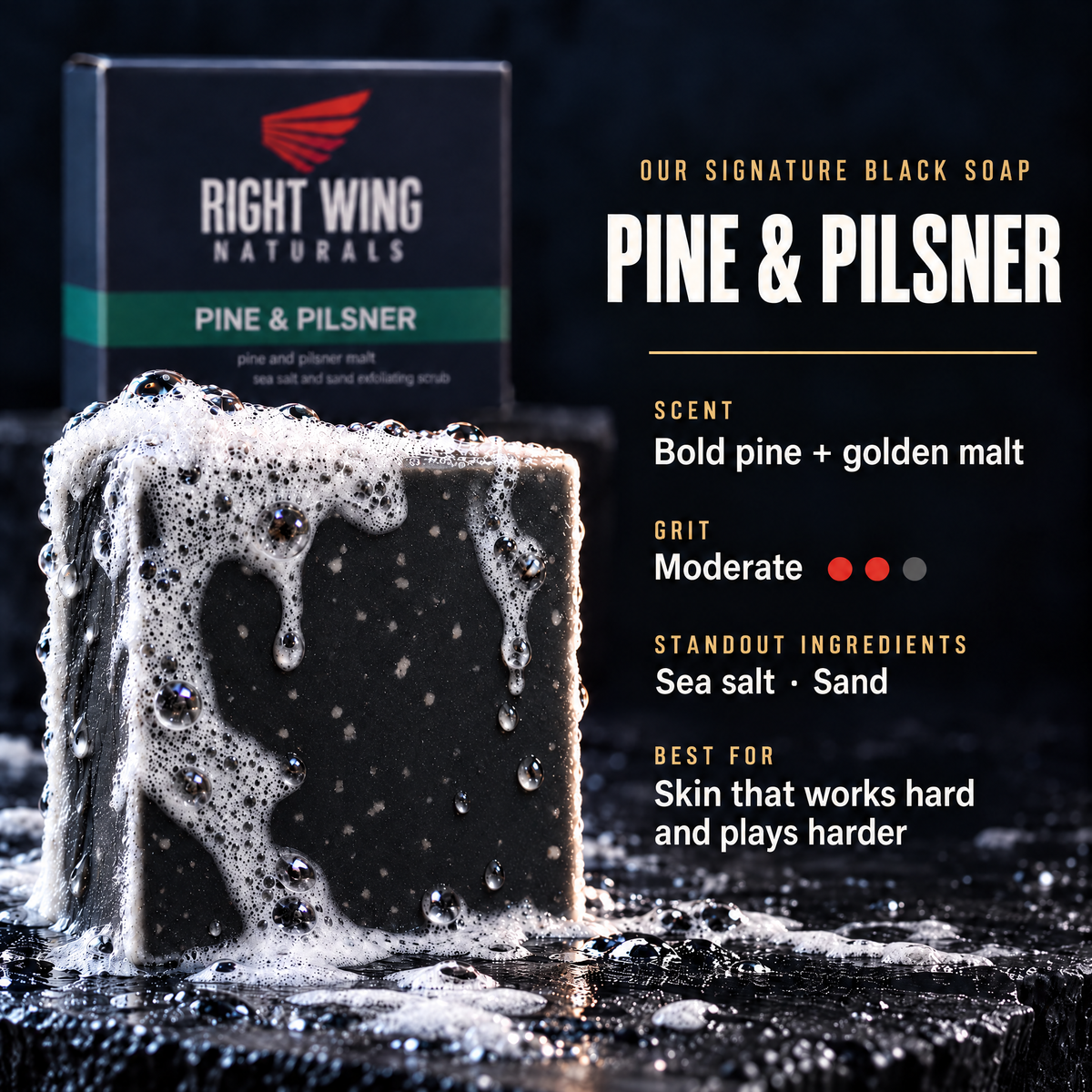 Pine & Pilsner scent card: scent notes and grit level