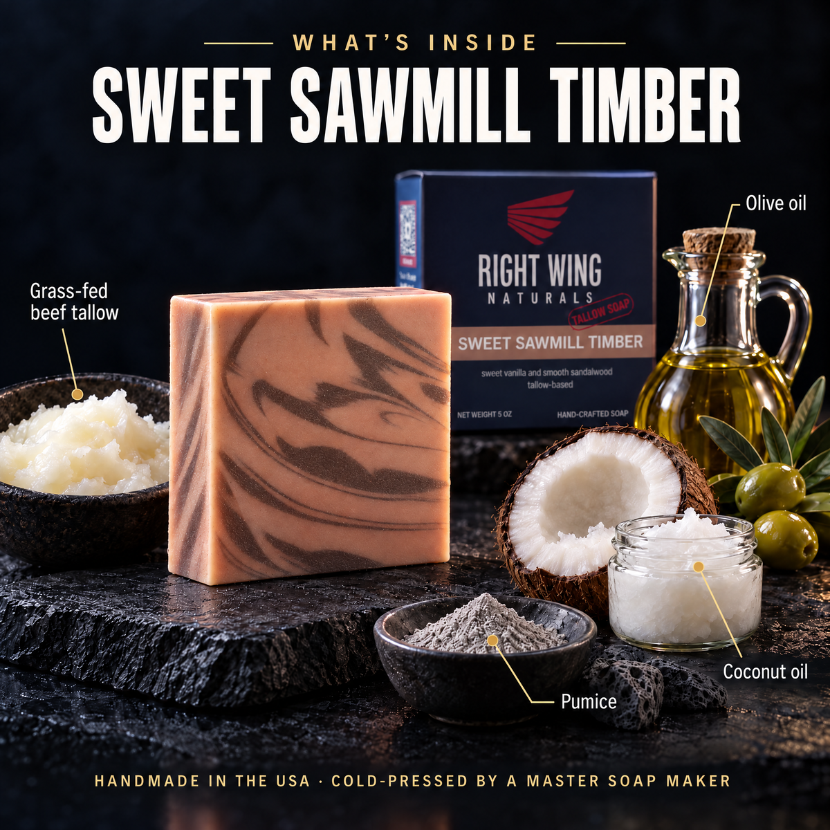 What's inside Sweet Sawmill Timber: grass-fed beef tallow, olive oil, coconut oil