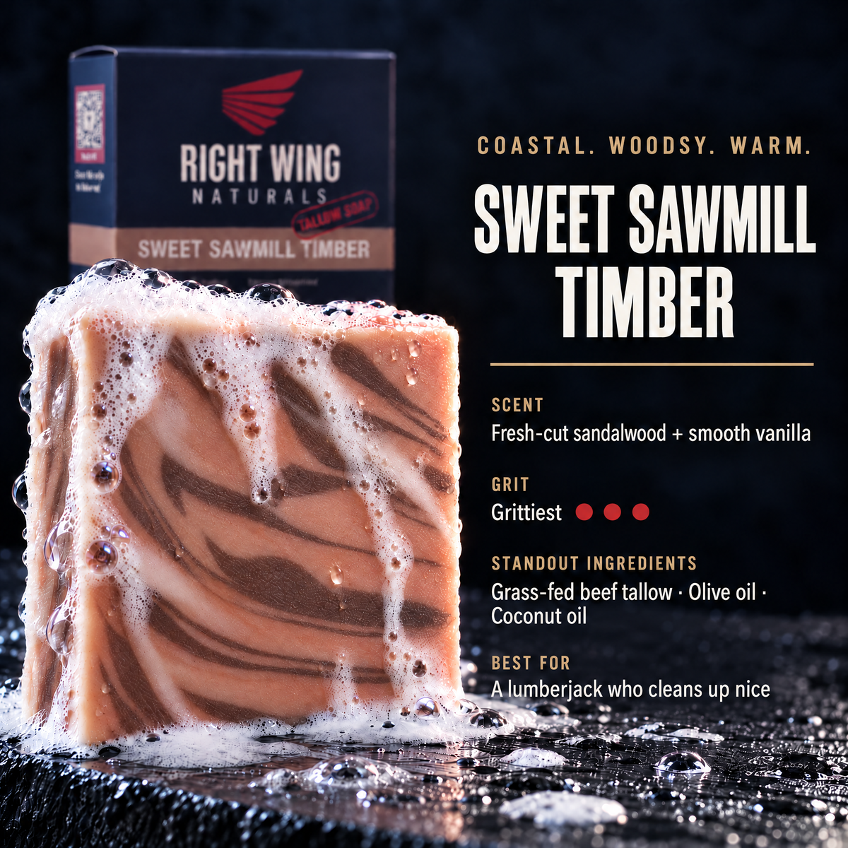 Sweet Sawmill Timber scent card: scent notes and grit level