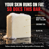 Tallow soap bar with key ingredients: grass-fed beef tallow, coconut oil and olive oil