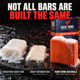 Not all bars are built the same: mushy drugstore bar, cracked cheap bar, and a lathered RWN tallow bar holding its shape