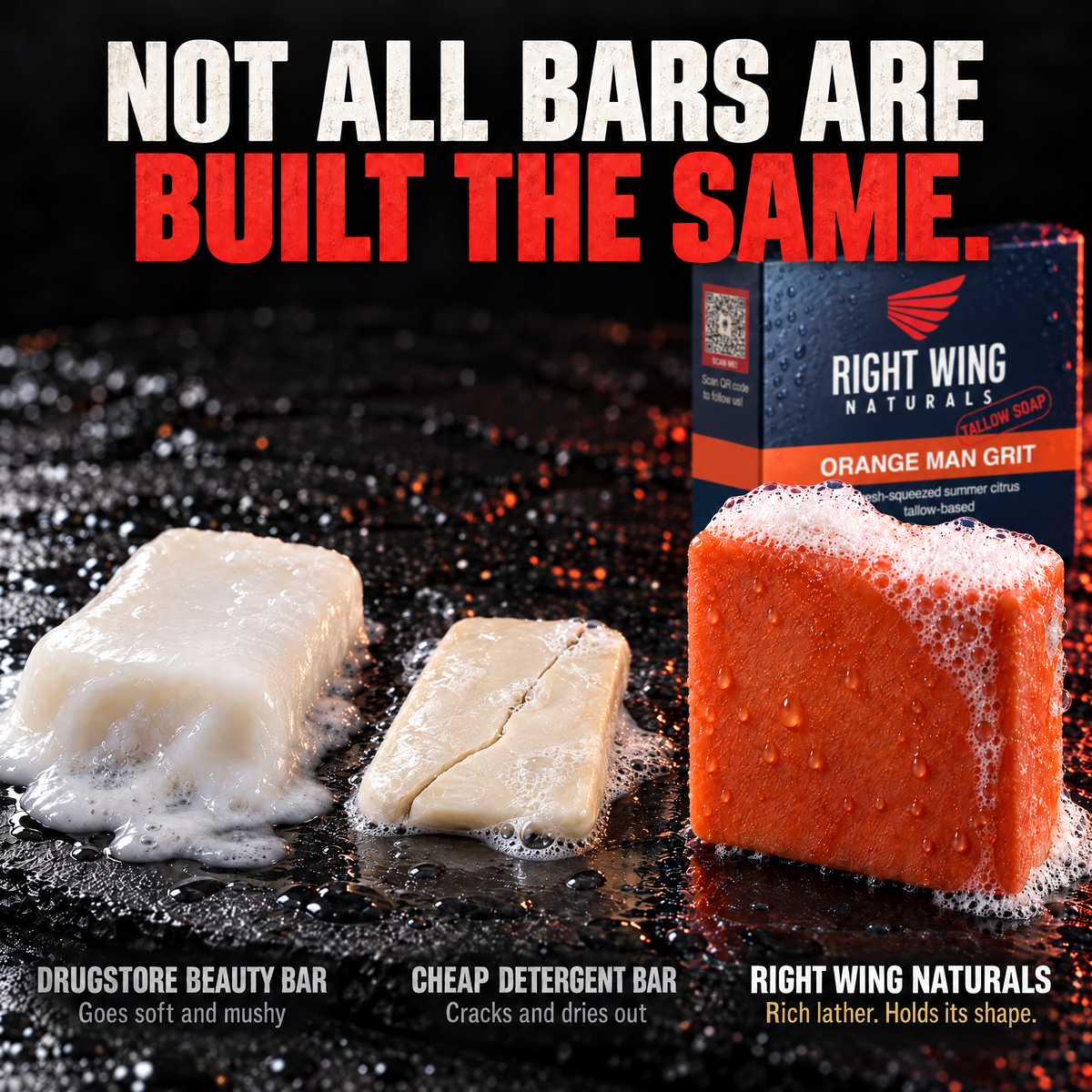 Not all bars are built the same: mushy drugstore bar, cracked cheap bar, and a lathered RWN tallow bar holding its shape